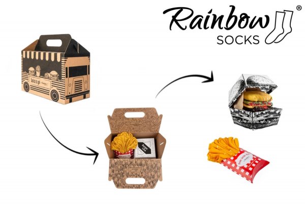 Socks to go box, set of 4 pairs of original and funny socks, burger and fries