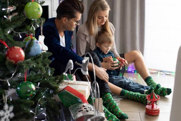 dark green christmas ball, colourful christmas socks for the whole family, family christmas outfit, OEKO-TEX combed cotton