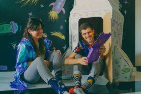 Space Socks Box, 2 pairs of violet cotton socks, socks with planets art on it, unique gift for men and women
