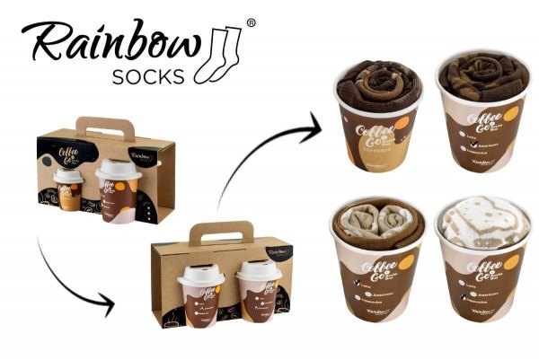 Kawowe skarpetki na wynos, zestaw 4 par bawełnianych skarpetek w pudełku, Rainbow Socks, prezent dla kawosza