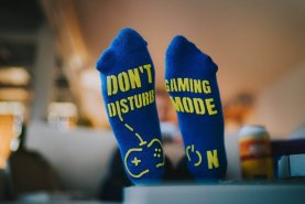Blue cotton socks, game socks with ABS grips, socks for fan of gaming, Rainbow Socks