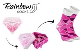 Różowe diamentowe skarpetki w pudełku, 1 para, bawełniane skarpetki od Rainbow Socks, bawełna czesana OEKO-TEX