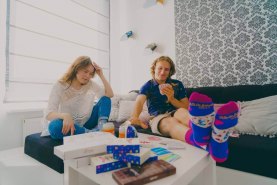 Blue cotton socks, playwing woth cards socks box, 1 pair of socks, birthday gift idea for men and women