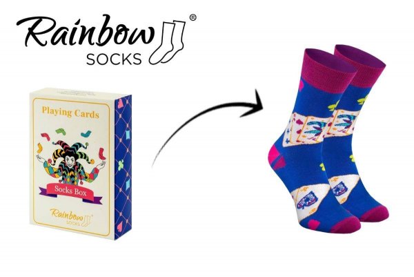 Playing Cards Socks Box, 1 pair of neon blue cotton socks, socks looking like a deck of cards