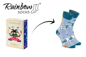 Playing Cards Socks Box, 1 pair of cotton socks, light blue socks, socks looking like a deck of cards, Rainbow Socks