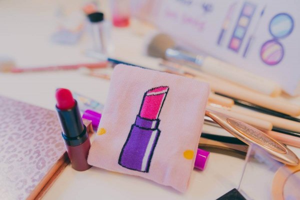 Pink cotton socks with lipstick pattern, makeup socks box, 2 pairs, Rainbow Socks