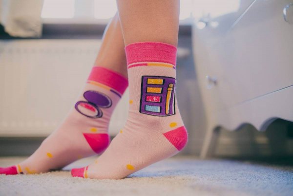 pink cotton socks with makeup patterns, original gift for every women, Rainbow Socks