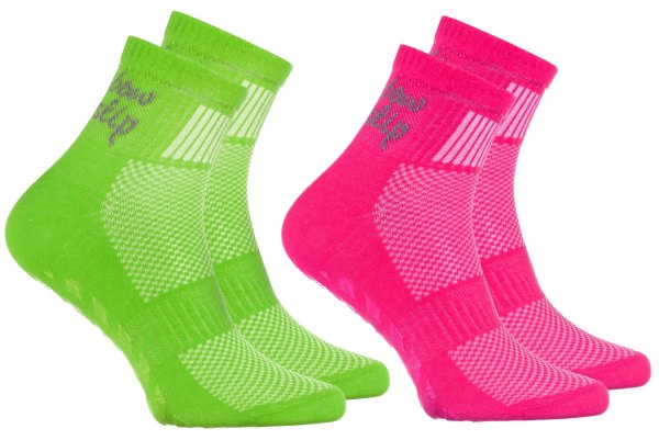 Bawełniane skarpetki antypoślizgowe od Rainbow Socks, 2 pary, zielone i fuksja, dla dzieci