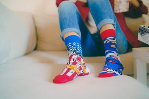 woman wearing USA patterned socks, colourful cotton socks, Rainbow Socks, 1 pair