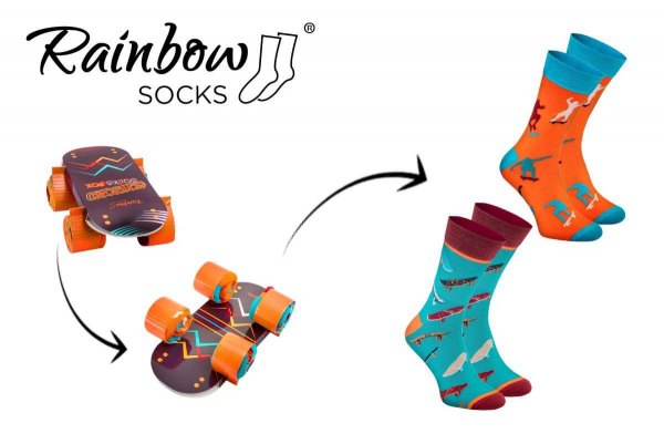 Skateboard Socks Box, 2 pairs of colourful cotton socks, blue and orange patterned socks, Rainbow Socks