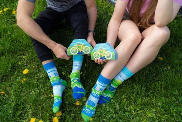 Bicycle Socks Box, blue and green socks with bicycle patterns, Rainbow Socks, 1 pair of socks