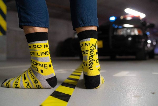 yellow cotton socks with patterns, police tape, funny gift idea, Rainbow Socks