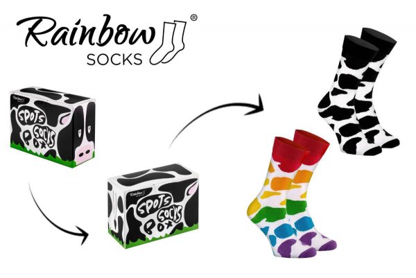 Cow Spots Socks Box 2 Pairs, Rainbow Socks, black and white socks, colourful cotton socks