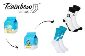Colourful cotton socks in a milk cartoon, 2 pairs, blue white and black patterns