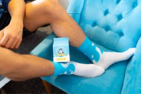 men wearing cotton socks with milk patterns, mil socks box, gift idea for someone who loves milk