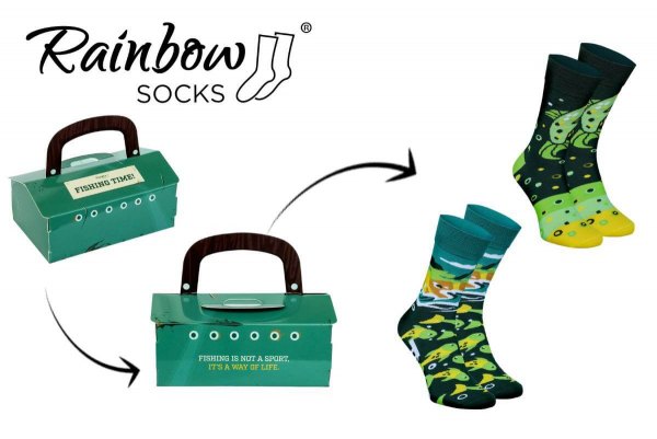 green cotton socks with fishing patterns, Fishing time socks box, Rainbow Socks