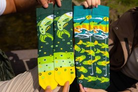 yellow-green socks with fishing patterns, fishing socks box, 2 pairs of socks, Rainbow Socks