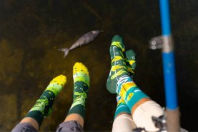 Grüne Baumwollsocken für den Angelfan, Socken für den Angler und Fischer, Rainbow Socken