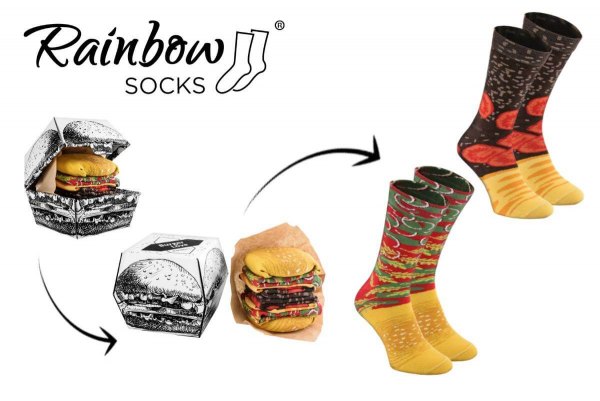 funny Burger socks, 2 pairs of colourful cotton socks, Rainbow Socks