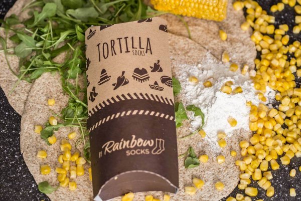socks in a packaging looking like Tortilla, funny and colourful socks for fan of Mexican food