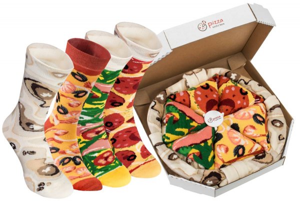 skarpetki pizza, skarpetki w pudełku, kolorowe bawełniane skarpetki, 4 pary skarpetek