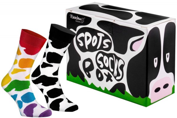 Cow Spots Socks Box, 2 pairs of colourful cotton socks, Rainbow Socks