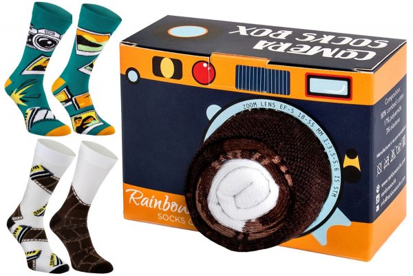Camera Socks Box, 2 Pairs set, Rainbow Socks, colourful cotton socks, socks in a box