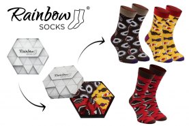 Dark Sweet Socks Box, Sweet socks, brown socks with donuts, red socks with brownie, yellow socks with candies