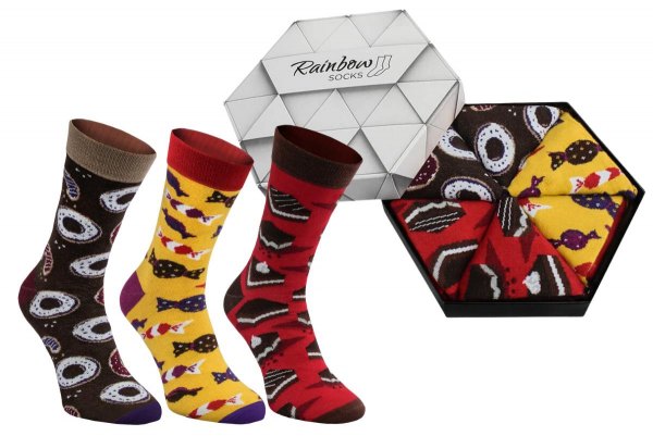 Sweet Socks Box, Dark Sweet, socks in a box 3 pairs, donuts, candies, brownie, Rainbow Socks