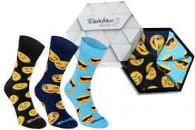Emoji Socks Box Black yellow dark blue, colourful socks in a box, 3 pairs, Rainbow Socks