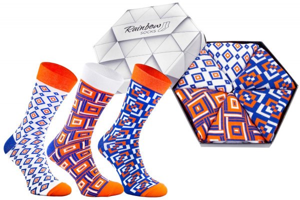 Socks Geometric pattern, orange, navy blue, white socks, socks in a box, gift idea