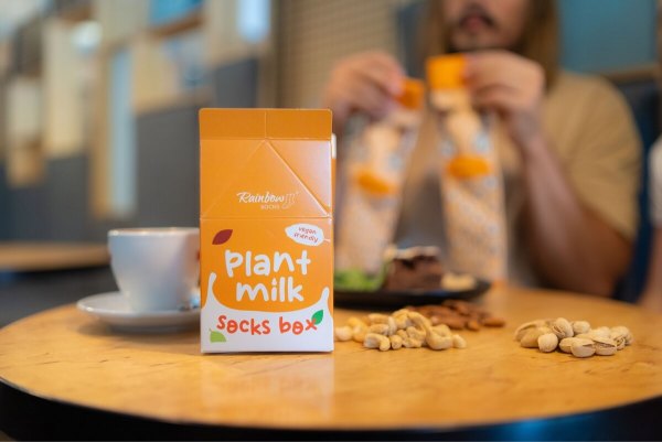 plant milk socks box in orange packaging, funny gift idea for vegetarian