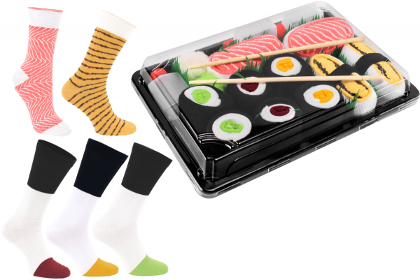 skarpetki sushi w pudełku 5 par, tamago, łosoś, 3x maki, Rainbow Socks