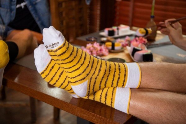 man wearing yellow cotton socks tamago omelette by Rainbow Socks