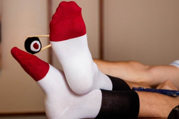 funny sushi socks tuna maki, white-burgindy-black socks by Rainbow Socks
