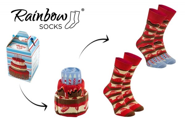 2 Paar gemusterte bunte Socken, Geburtstagskuchen-Sockenbox, Rainbow Socken
