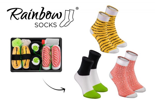 Children’s Sushi Socks Box, colourful cotton socks, socks with sushi patterns, 3 pairs of socks