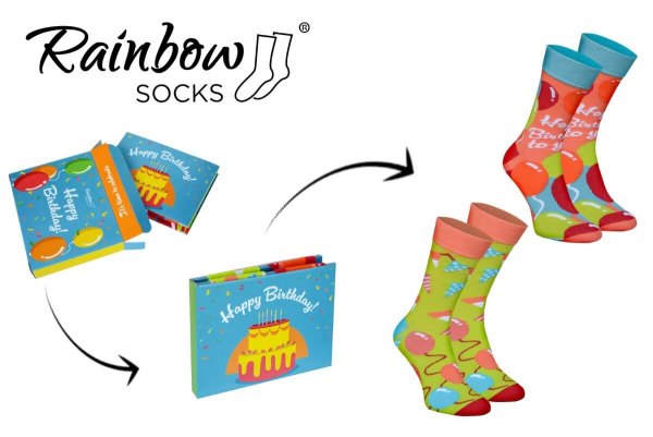 colourful cotton socks for a birthday with party designs, 2 pairs