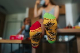 yellow-green-red socks with toast patterns, funny gift idea for a cooker, Rainbow Socks