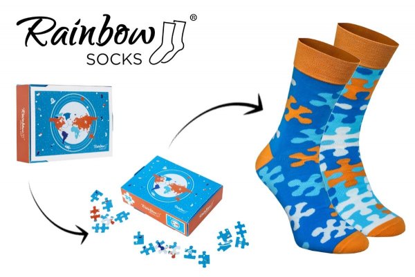 1 pair of blue cotton socks with puzzle motifs, Rainbow Socks