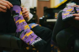purple cotton socks with jazz music patterns, gift for musician
