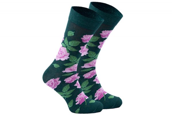 zielone bawełniane skarpetki w róże, 1 para, kolorowe skarpetki od Rainbow Socks