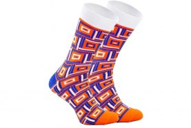 Orange cotton socks with geometric designs, checkered socks, 1 pair, Rainbow Socks