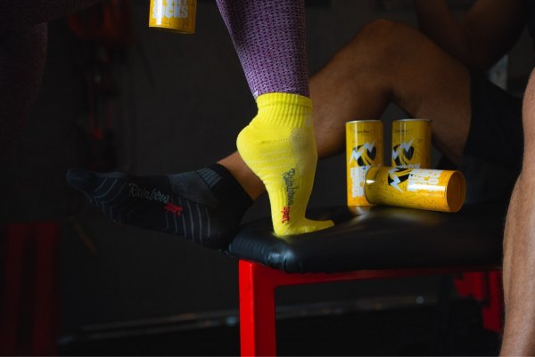 yellow and black sports socks, unisex socks, socks for women, socks for men, energy drink sport socks in a can