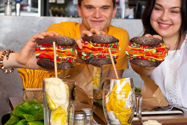 Lustige Socken im Look von veganen Burgern, bunte Baumwollsocken, Geschenkidee für Fastfood-Fans