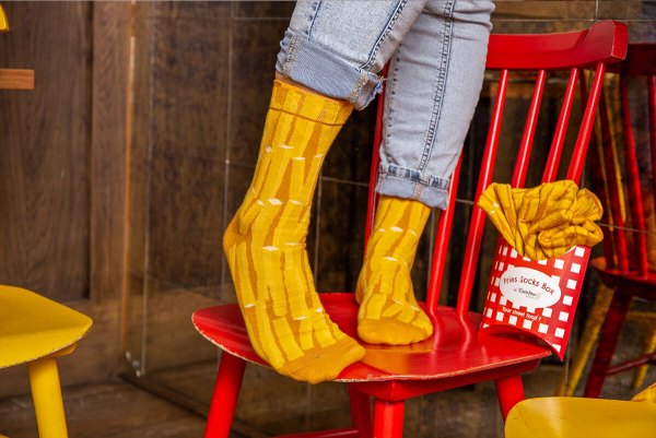 gift for fries fan, fries socks women, yellow cotton socks, socks looking like a box of fries, Rainbow Socks