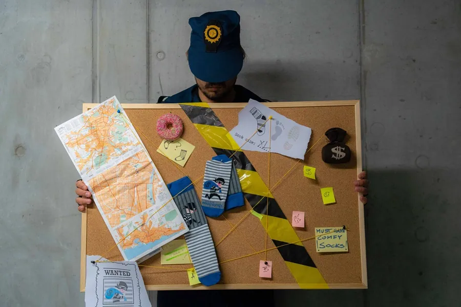 Photo with the police officer holding the board and looking for the answer to his questions about the socks