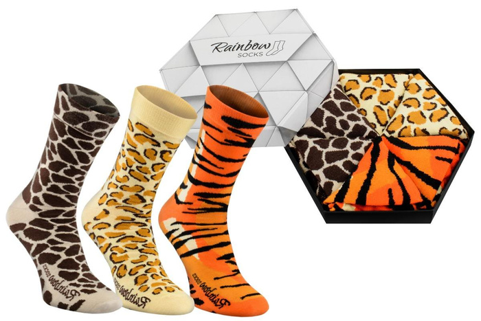 Wild socks box giraffe tiger panther 3 pairs