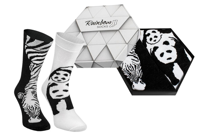 Black & white animals socks box zebra panda 2 pairs