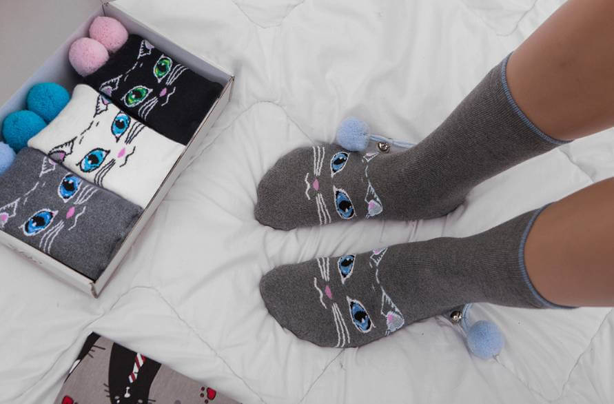 Three pairs of cat socks from Rainbow Socks on a cat socks box
